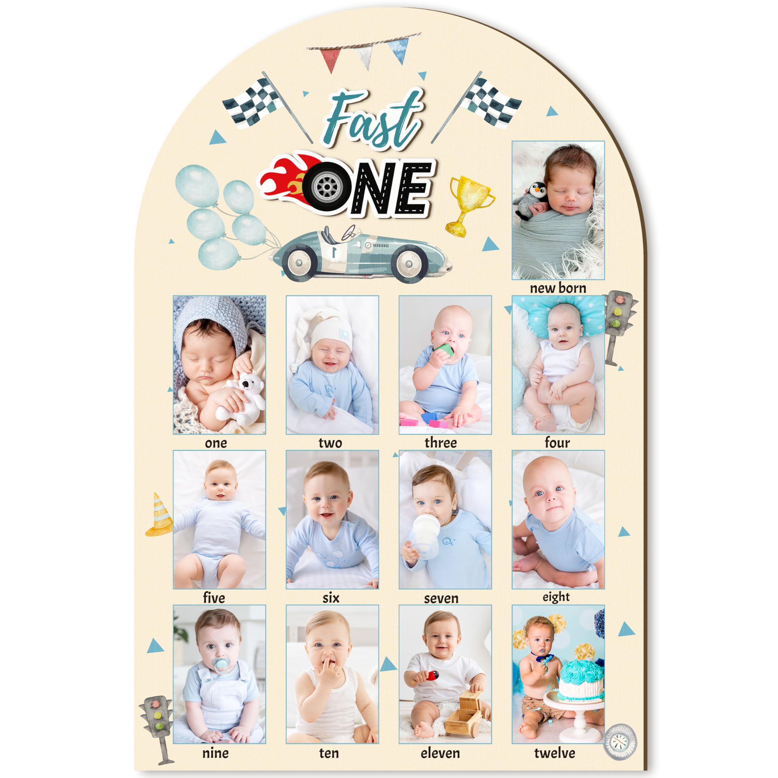 R HORSE first year photo display in a wood board with race car theme for milestones.
