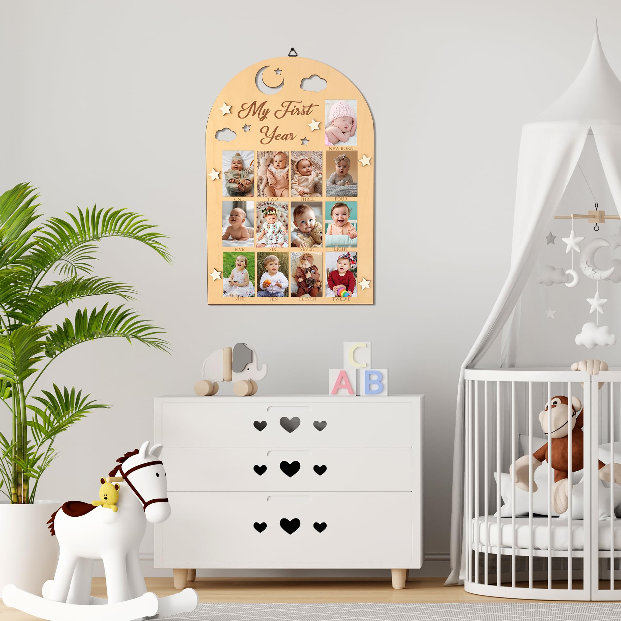 R HORSE milestone photo board captures growth from newborn to year.