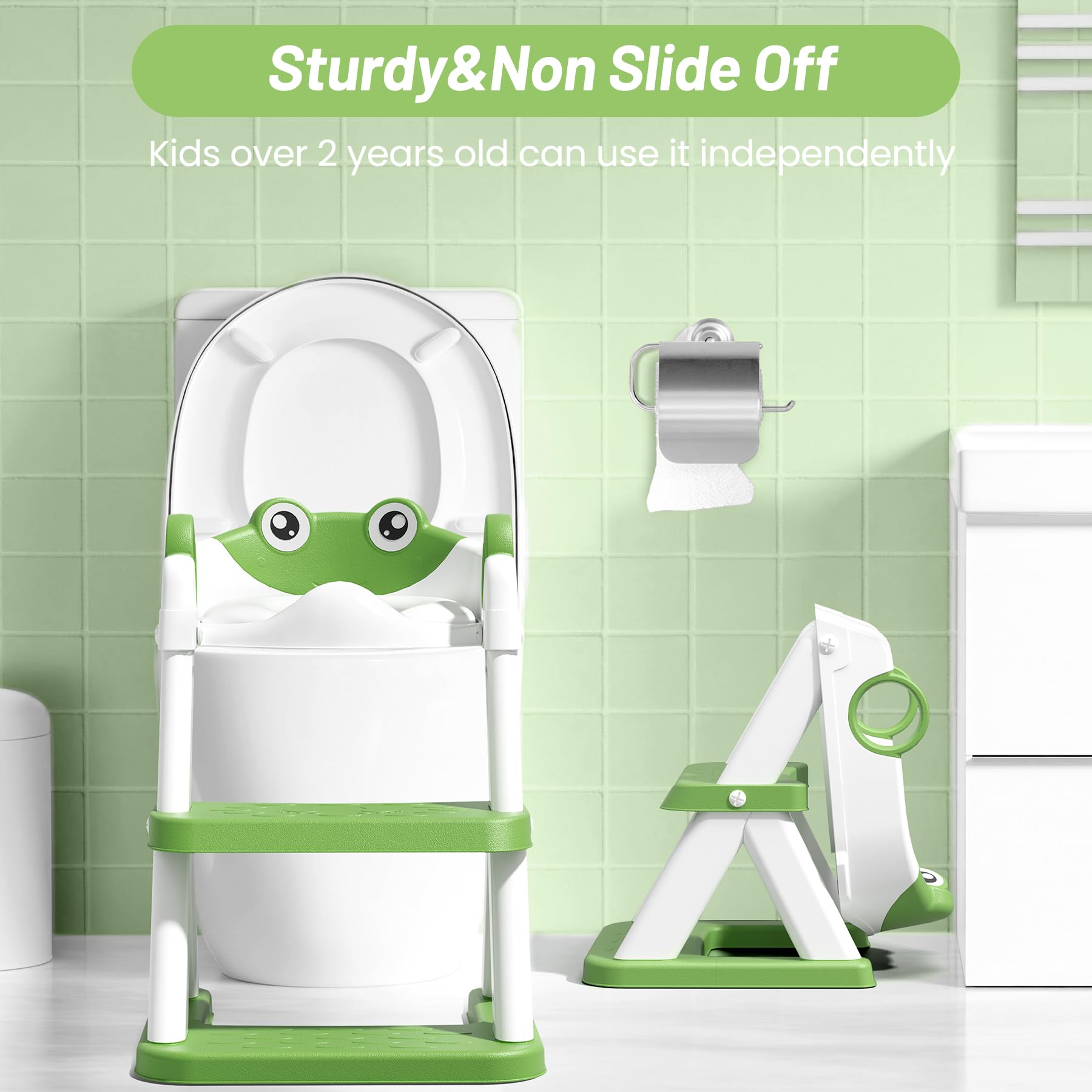 RABB 1ST Frog Potty Seat fits standard and elongated toilets.