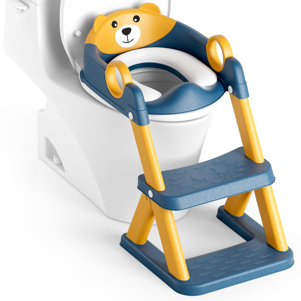 RABB 1ST potty seat on toilet in blue-yellow offers stable use for toddlers.