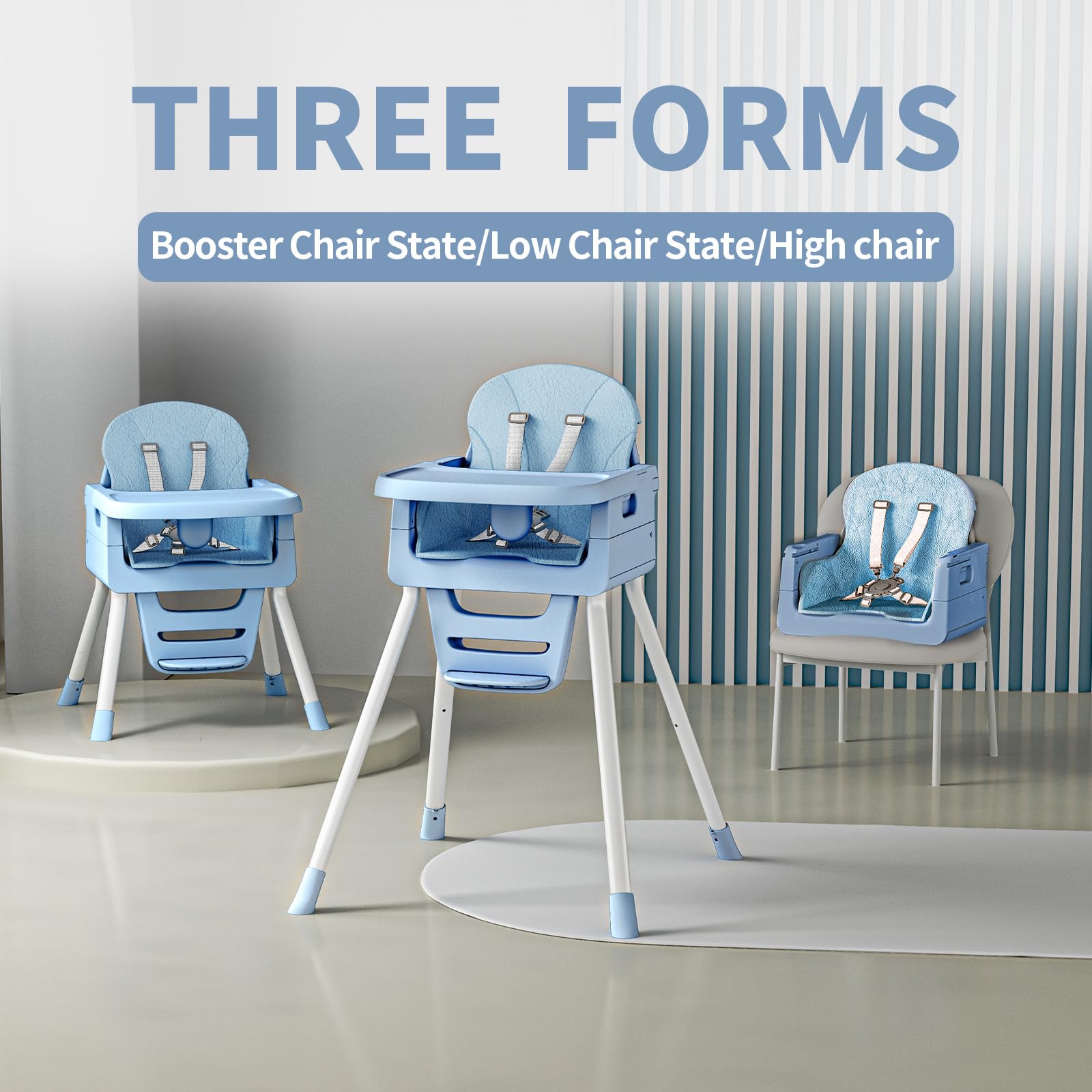 RadiAngl triangle-base high chair with secure safety harness.