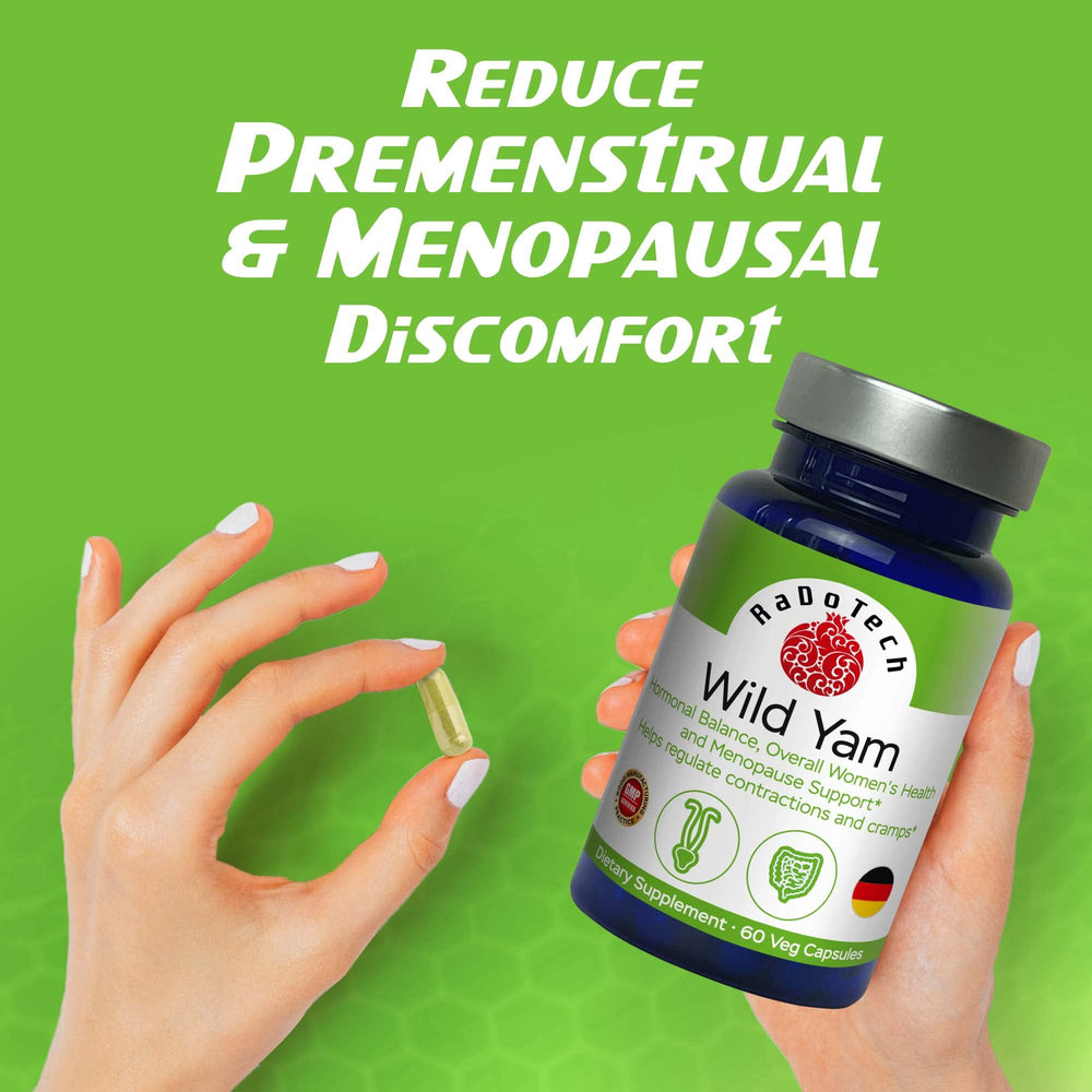 RaDoTech Wild Yam Root capsules in hand illustrate convenient daily intake.
