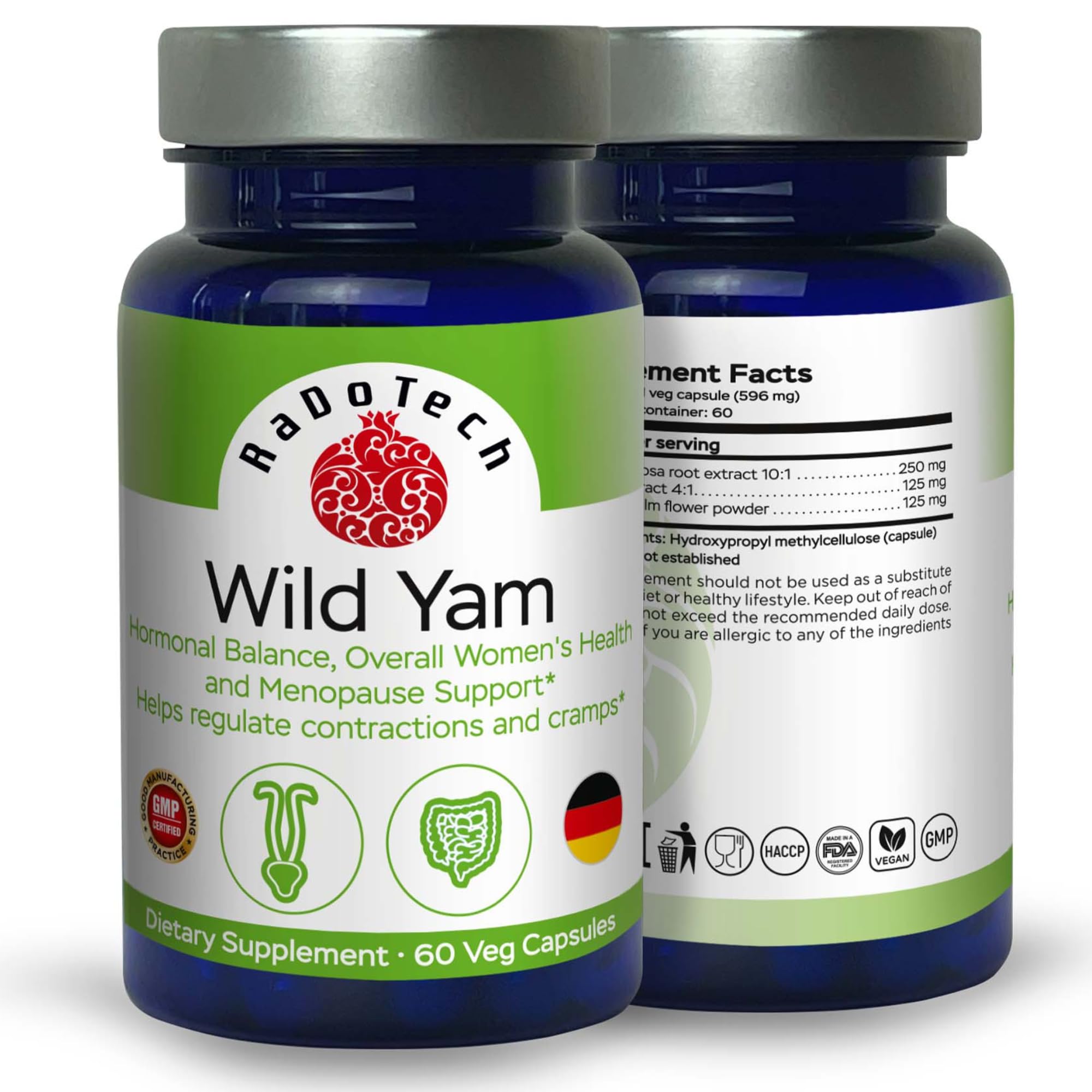 RaDoTech Wild Yam Root packaging box emphasizes GMP quality and natural sourcing.