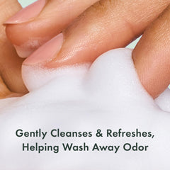 Rael Feminine Wash foam closeup highlighting light, gentle lather