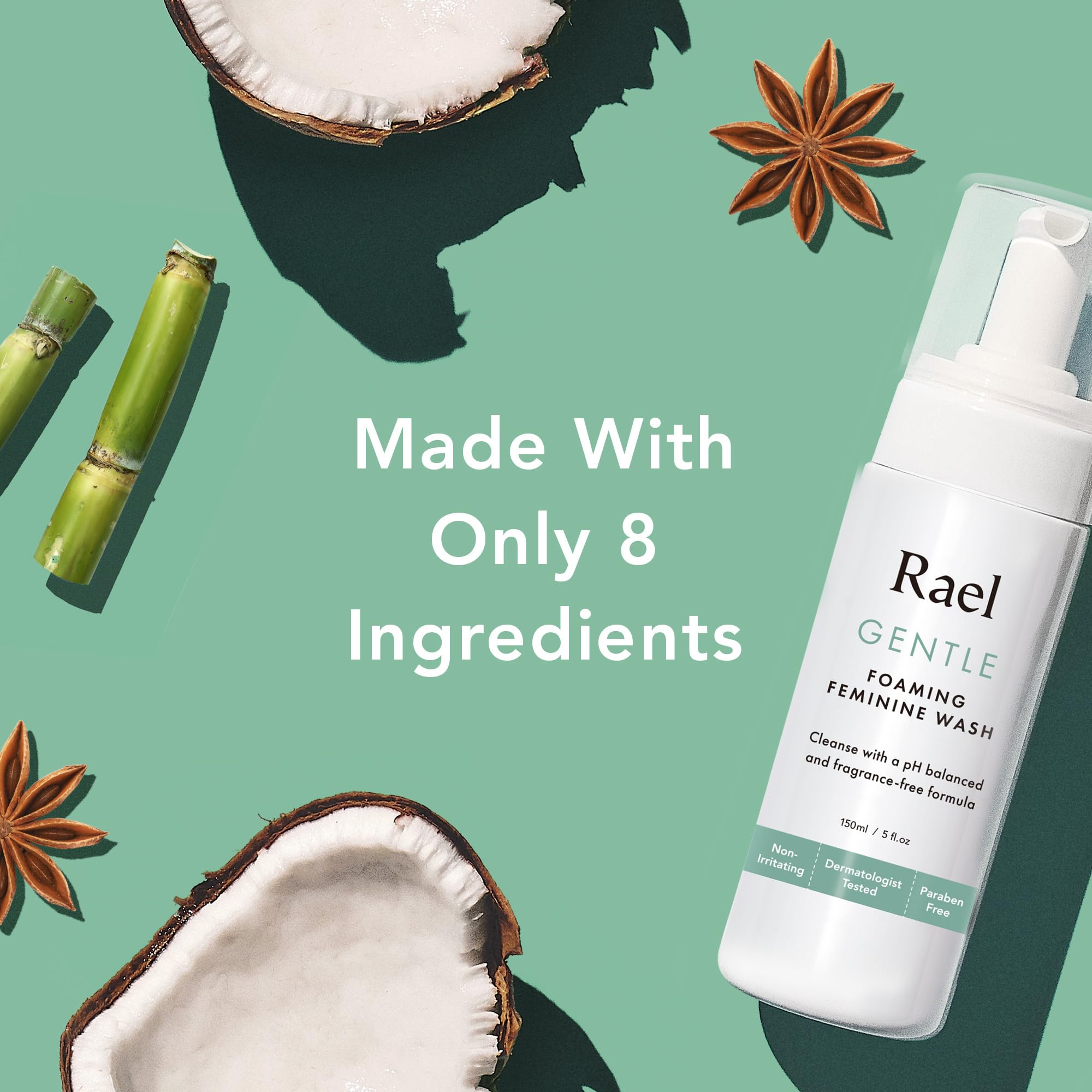 Rael Feminine Wash product beside routine items for refreshed daily confidence
