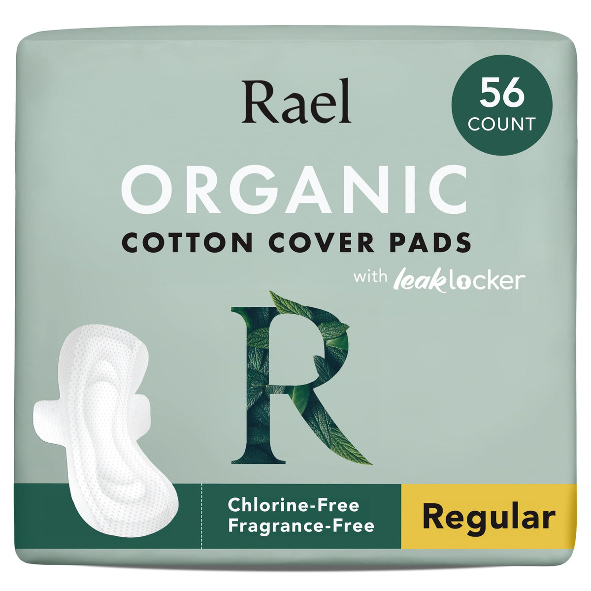 Rael pack shot showing organic cotton cover pads for regular absorbency with wings