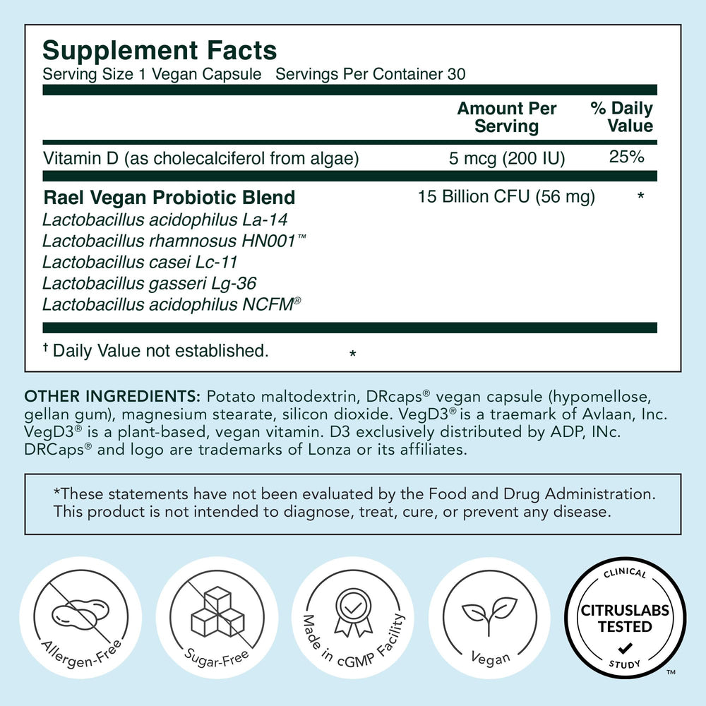 Rael Probiotics for Women capsules poured into glass for easy consumption.