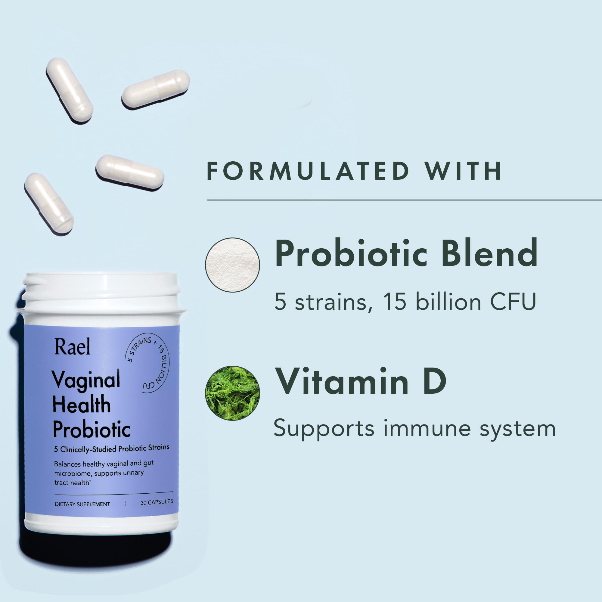 Rael Probiotics for Women bottle label highlighting Vitamin D for immune support.
