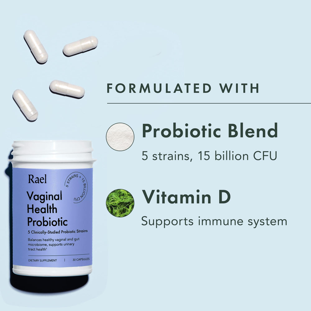 Rael Probiotics for Women bottle label highlighting Vitamin D for immune support.