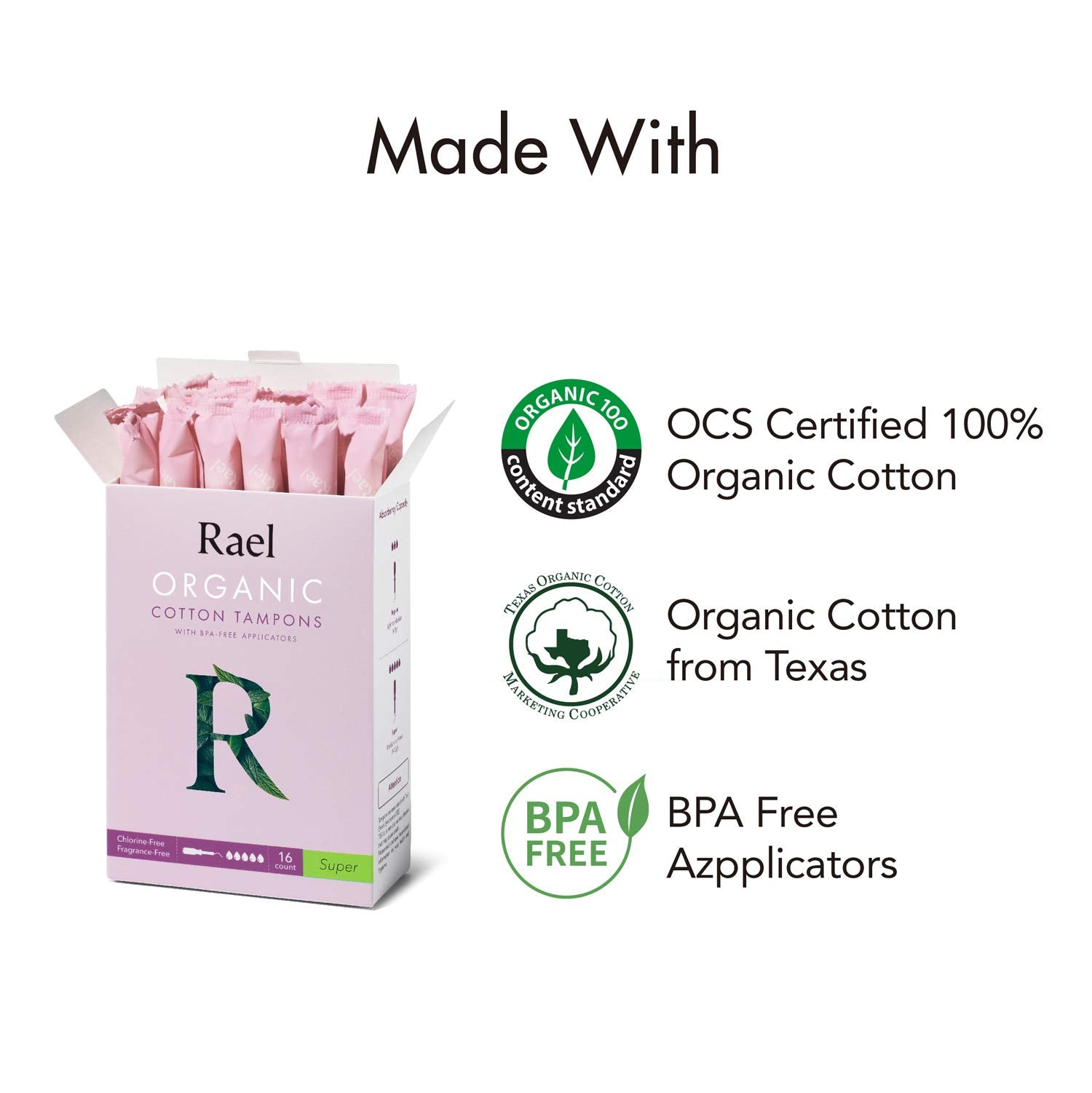 Rael tampon absorbent core detail highlights organic cotton protection for heavier days.