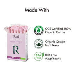 Rael tampon absorbent core detail highlights organic cotton protection for heavier days.