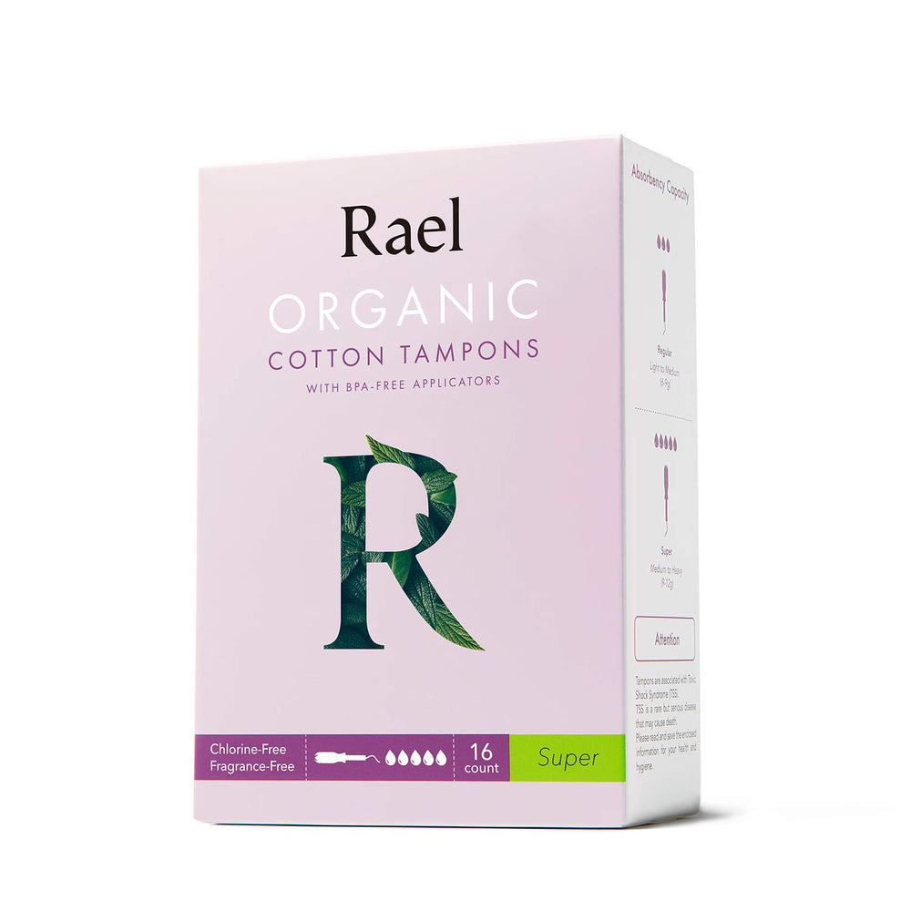 Rael tampons packaging shows a clean, chlorine-free design for natural protection.