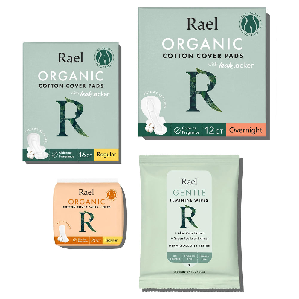 Rael value-pack overnight and regular pads shown for all-day protection and comfort.