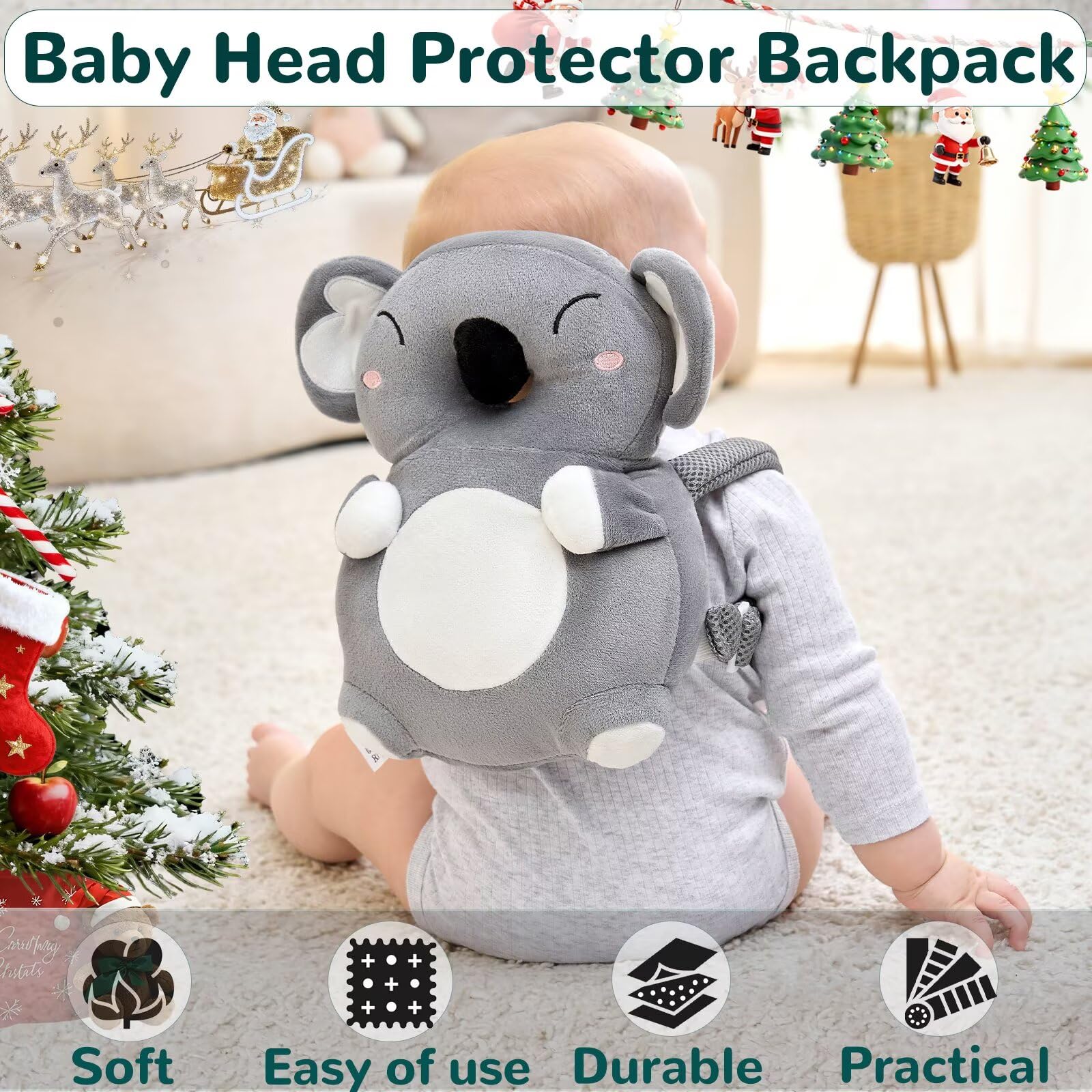 Raelitego adjustable plush straps on a toddler for growth from crawling to running.