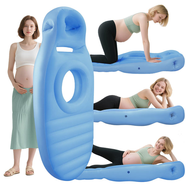 RAGANAWA inflatable pregnancy pillow with full-body support for hips and belly, promoting comfortable sleep.