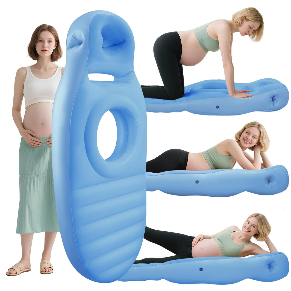 RAGANAWA inflatable pregnancy pillow with full-body support for hips and belly, promoting comfortable sleep.