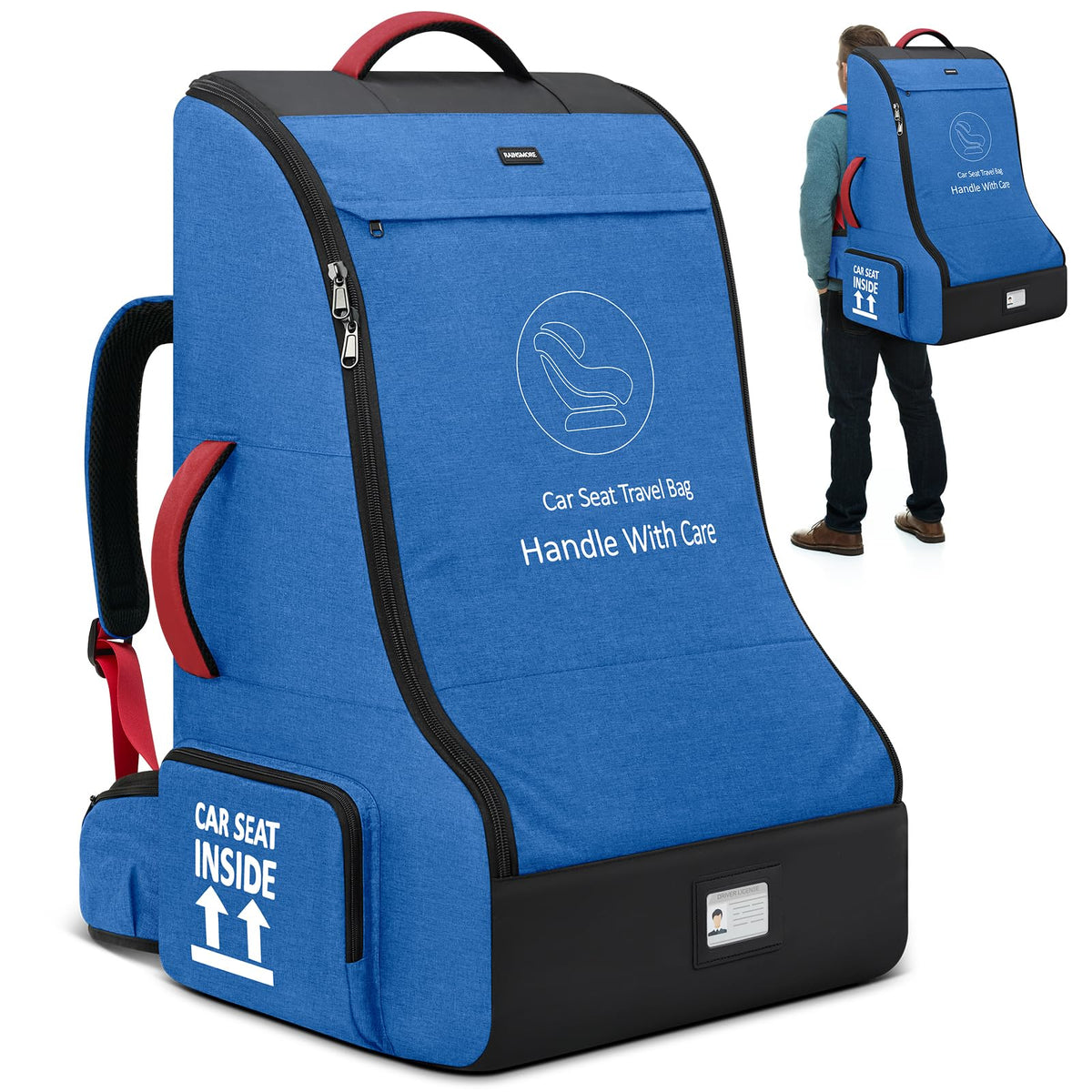 RAINSMORE padded car seat bag front view showing roomy interior for travel essentials