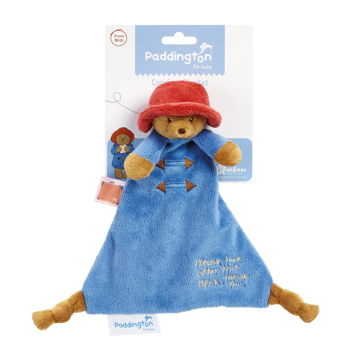 Rainbow Designs Paddington Comfort Blanket front view, soft plush for cuddling during nap time