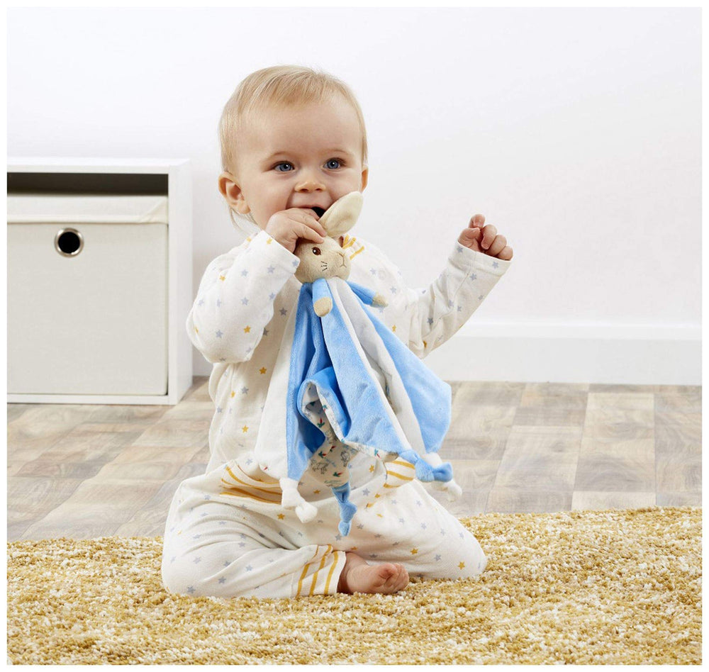 Rainbow Designs Peter Rabbit comfort blanket soft texture ideal for newborn cuddles.