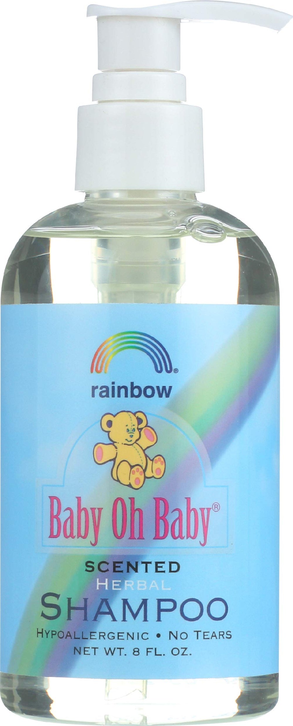 Rainbow Research Baby Shampoo bottle demonstrates gentle cleansing for baby's hair.