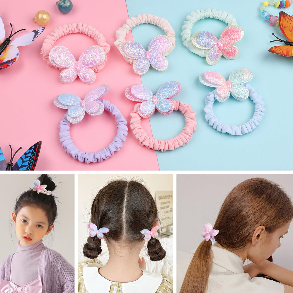 Rainbow WSK butterfly hair ties with blue sequin bow add color to school hairstyles.