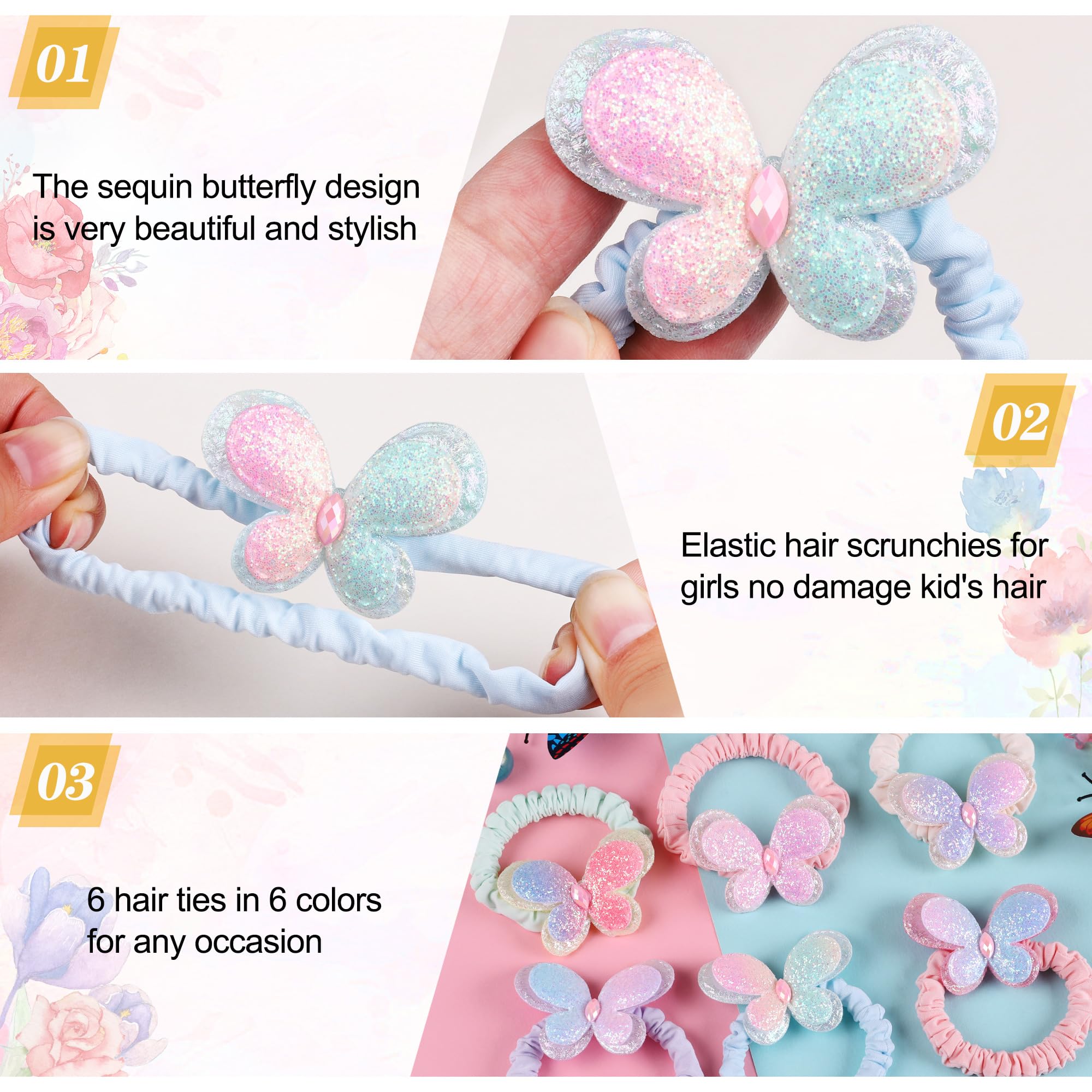 Rainbow WSK butterfly hair ties with green sequin bow shine in casual outfits.