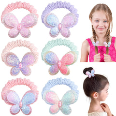 Rainbow WSK butterfly hair ties with pink sequin bow for secure daily wear.