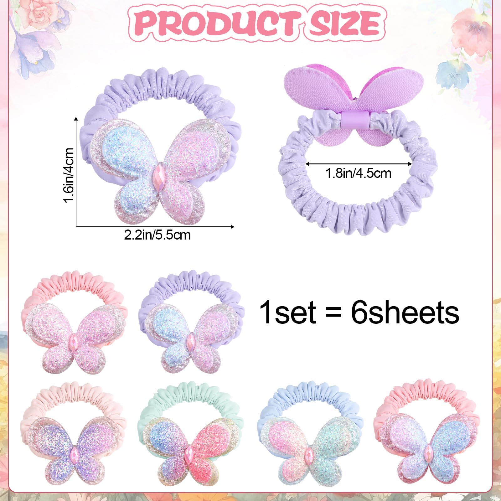 Rainbow WSK butterfly hair ties with yellow sequin bow keep tangles away.