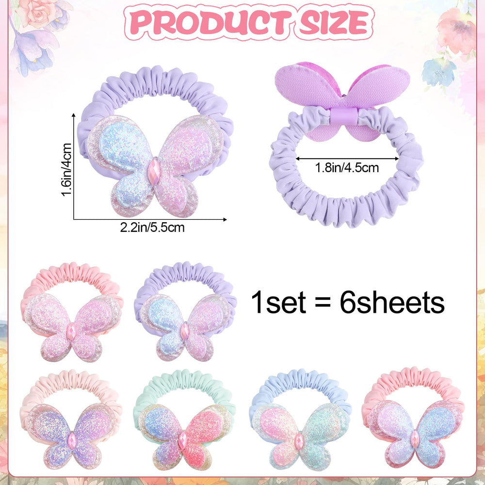 Rainbow WSK butterfly hair ties with yellow sequin bow keep tangles away.
