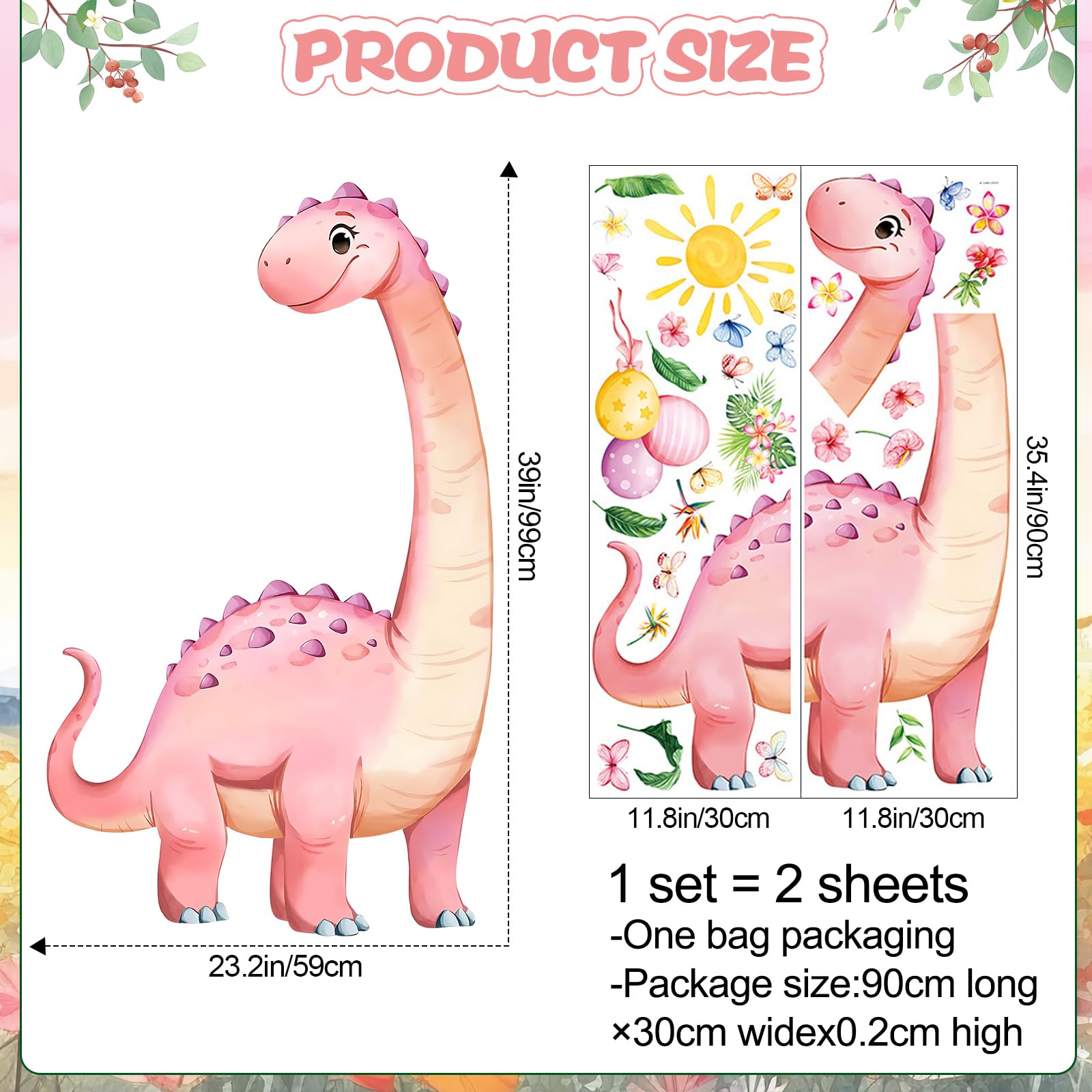 RAINBOW WSK dino wall stickers in pink with sun and leaves for bright bedroom decor.