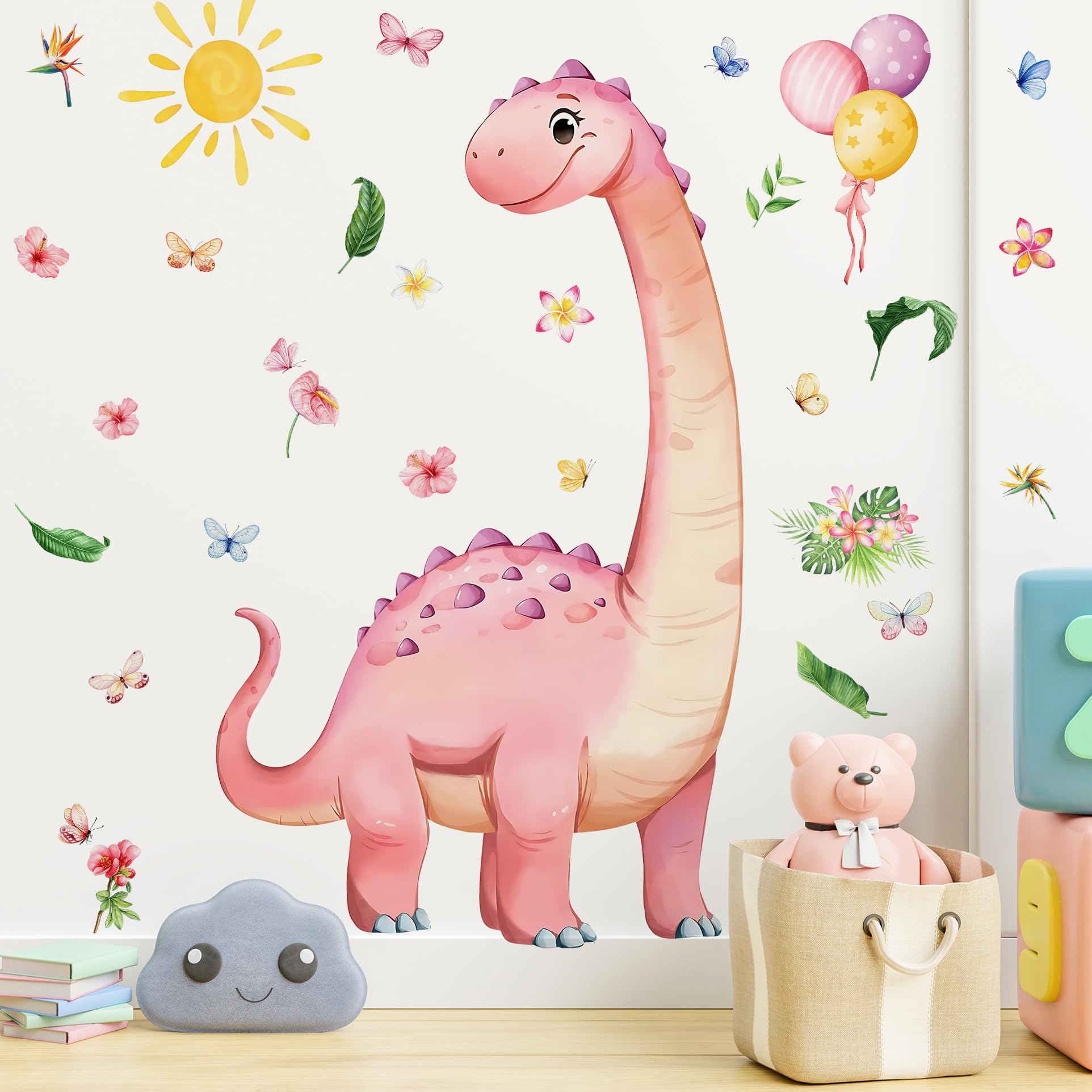 RAINBOW WSK girls’ room dino wall art in pink for charming room decor.