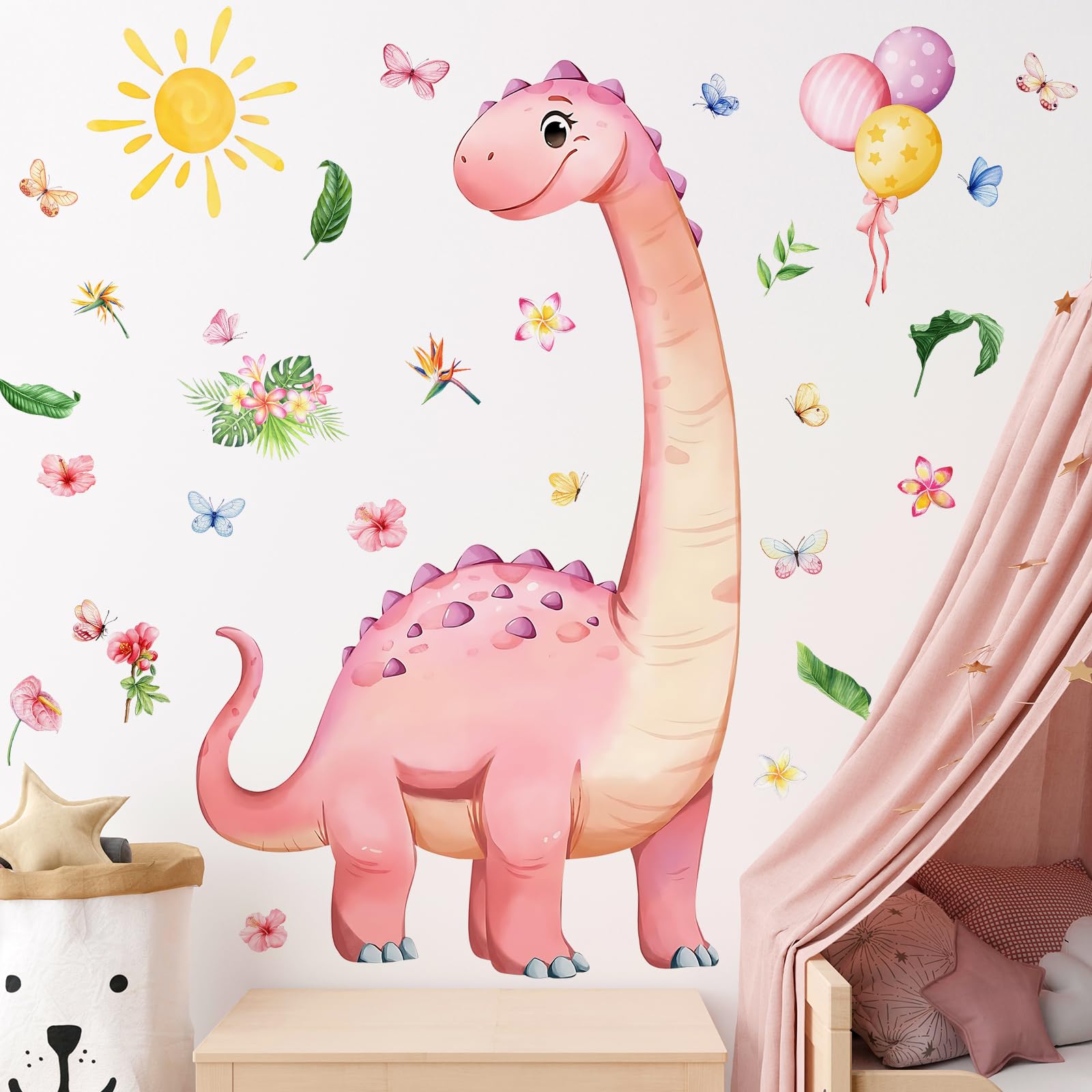 RAINBOW WSK kids’ bedroom dinosaur stickers in pink, easy to apply and remove.