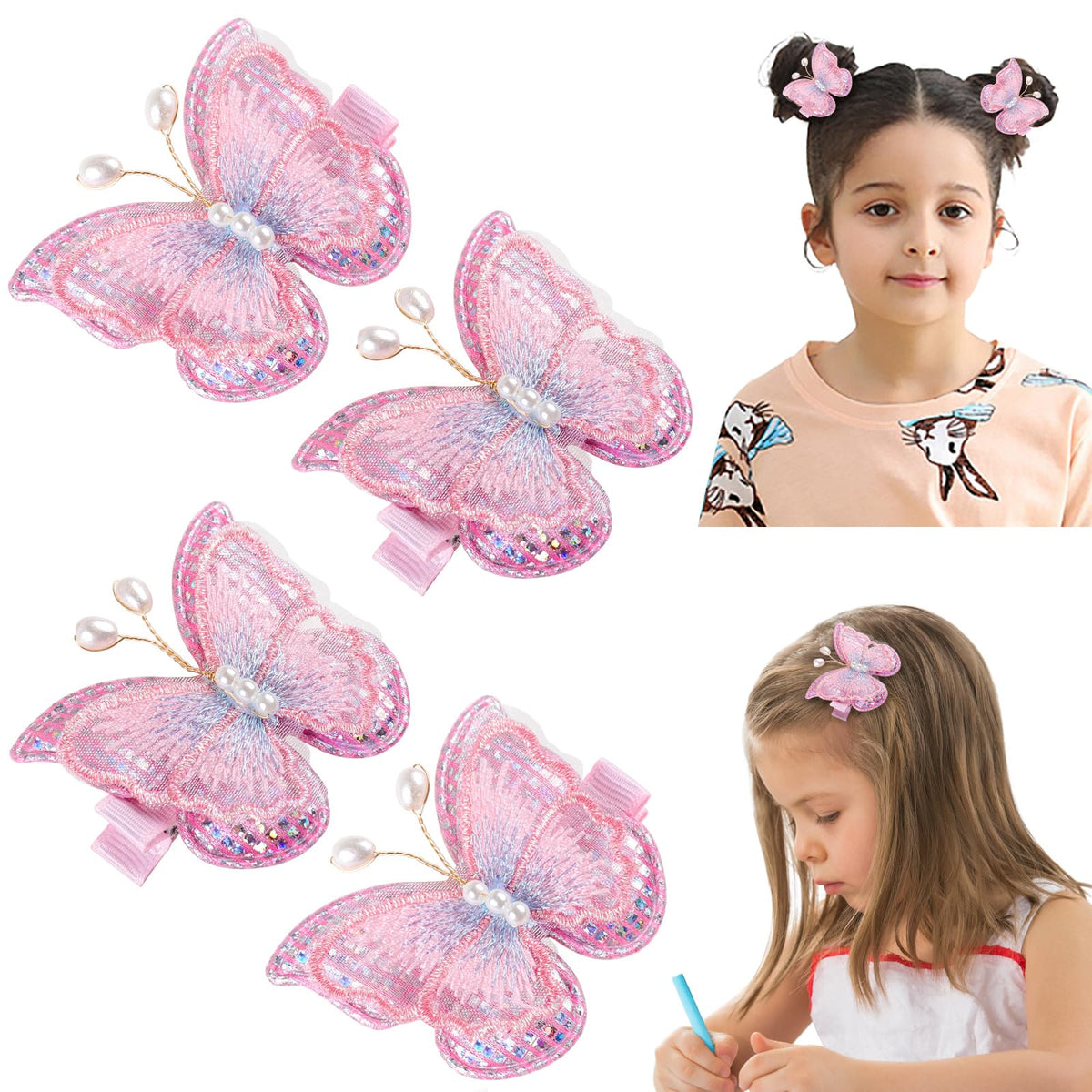RAINBOW WSK pink butterfly hair clip close-up in lace fabric, gentle for infant hair