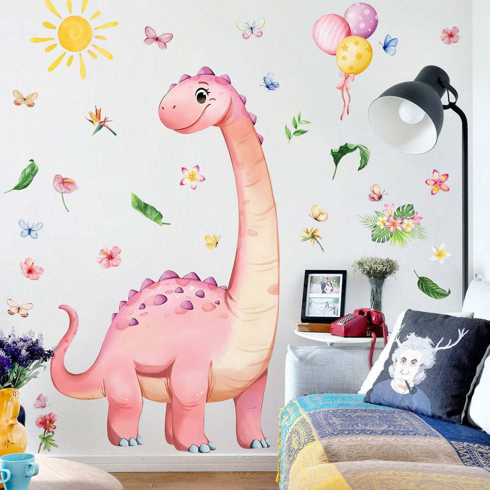 RAINBOW WSK pink dinosaur wall sticker with palm leaves, ideal for playful playrooms.