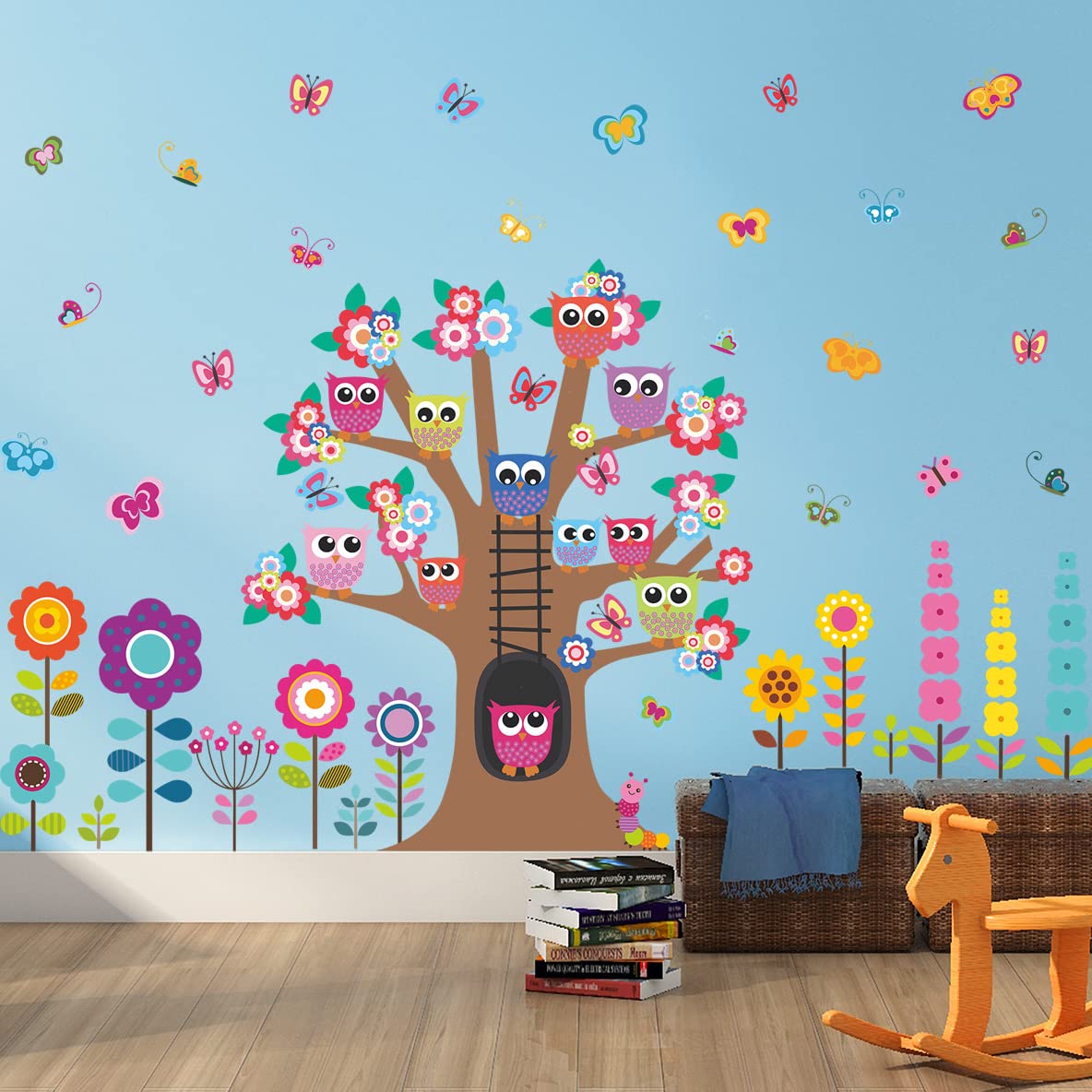 Rainbow WSK RW-C321 brown tree with flowers and owls wall decal for a cozy kids room