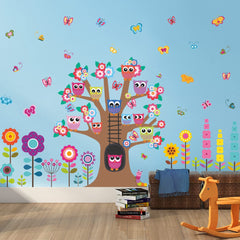 Rainbow WSK RW-C321 brown tree with flowers and owls wall decal for a cozy kids room