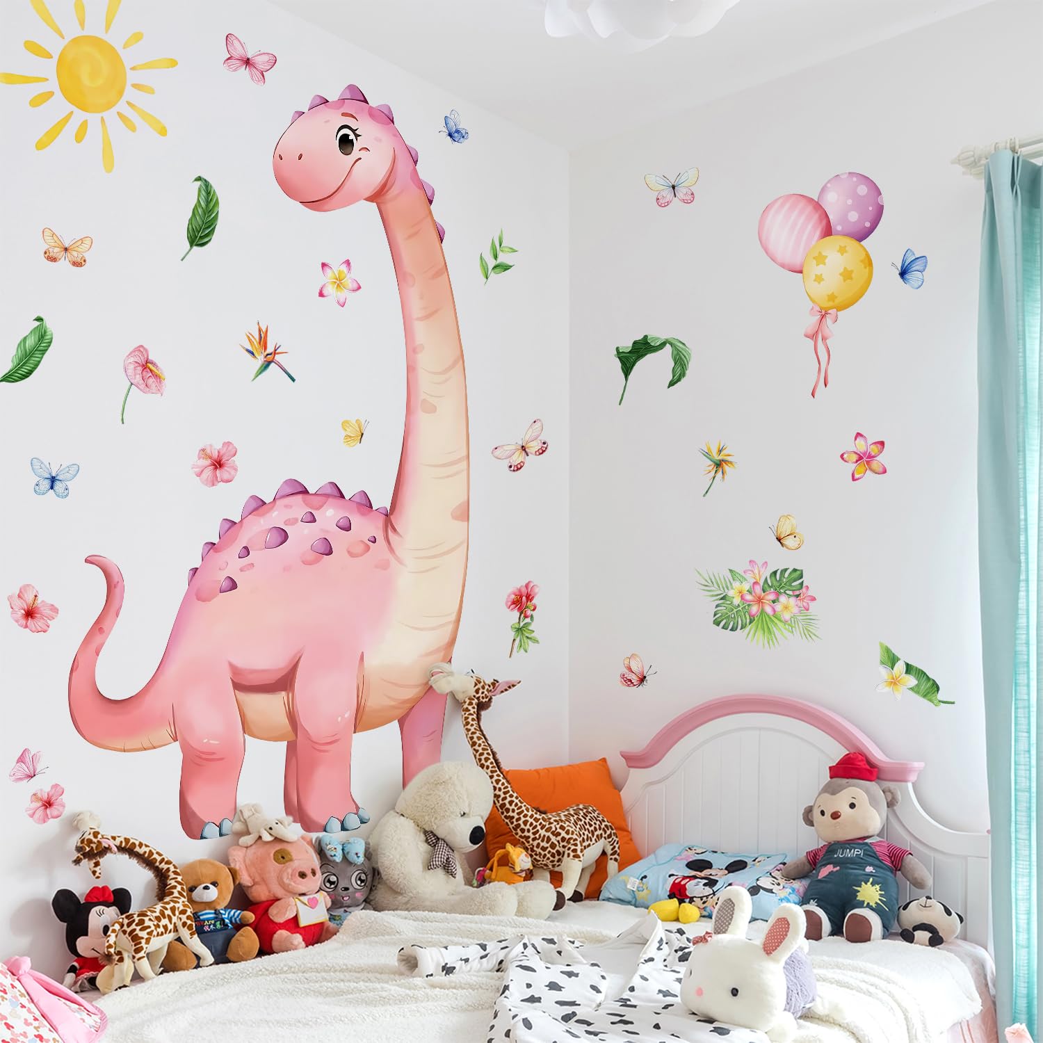 RAINBOW WSK watercolor dinosaur decal in pink featuring flowers for soft nursery accents.