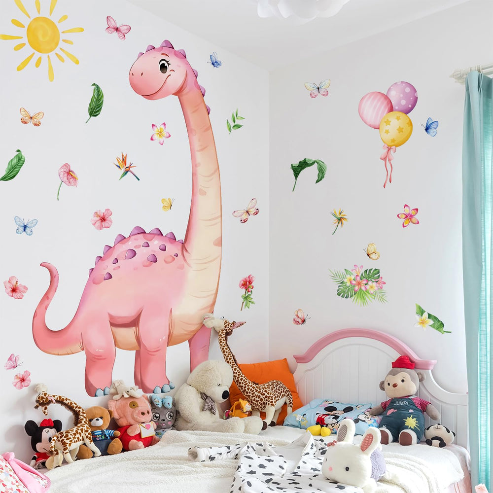 RAINBOW WSK watercolor dinosaur decal in pink featuring flowers for soft nursery accents.