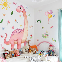RAINBOW WSK watercolor dinosaur decal in pink featuring flowers for soft nursery accents.