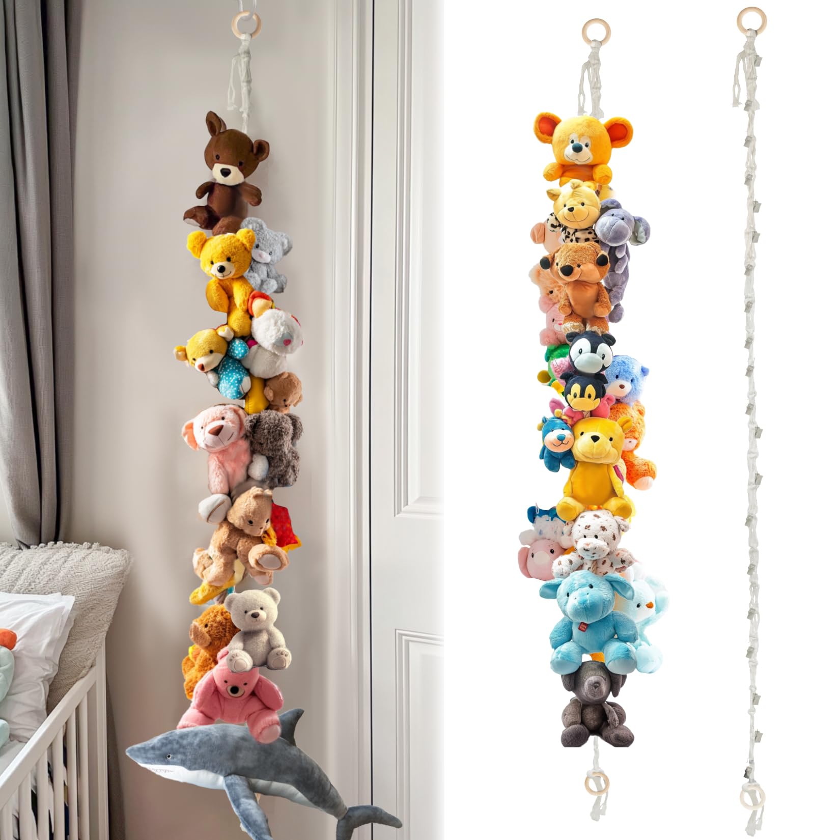 RAINFLOW hanging stuffed animals storage chain with 40 clips keeps plush toys organized and accessible.