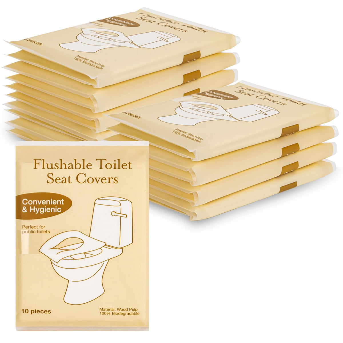 RAINFLOW toilet seat cover in a compact 10-pack provides hygienic barrier in public bathrooms.