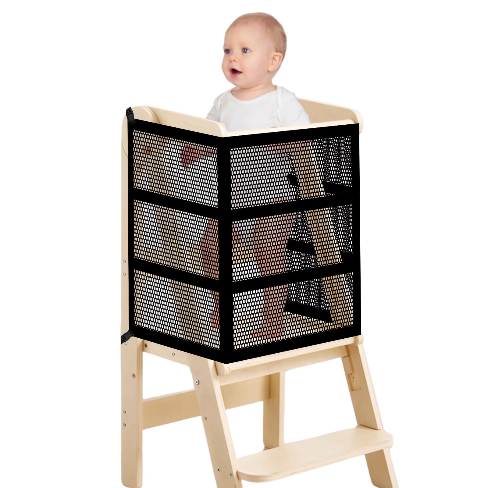 Rainmae safety net installed on toddler learning tower for secure playtime