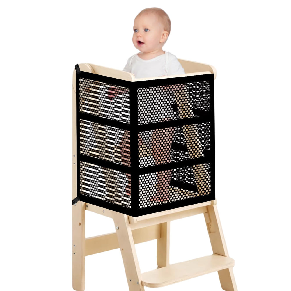 Rainmae safety net installed on toddler learning tower for secure playtime