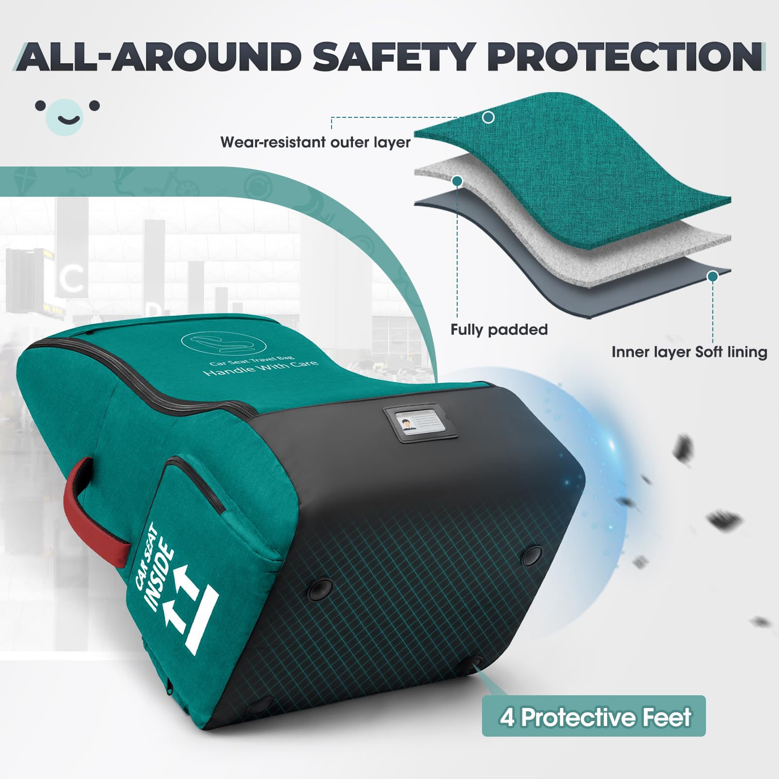 RAINSMORE car-seat backpack design enables hands-free airport movement.