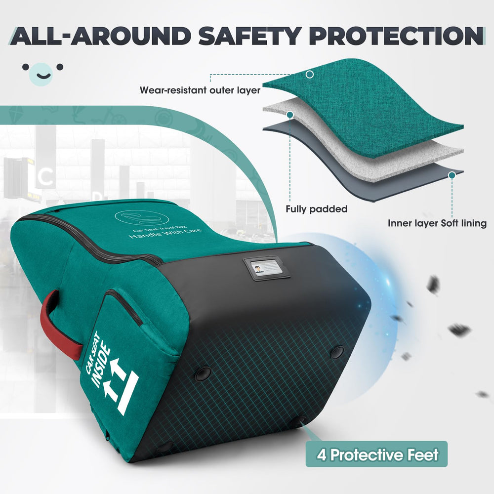 RAINSMORE car-seat backpack design enables hands-free airport movement.