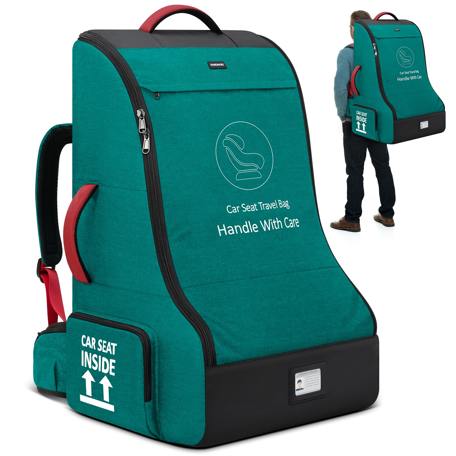 RAINSMORE car-seat travel bag front view highlights ample capacity for travel essentials.