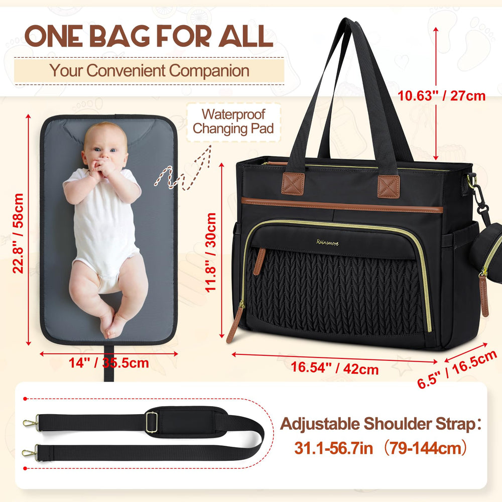RAINSMORE tote front pockets keep bottles and small items organized.