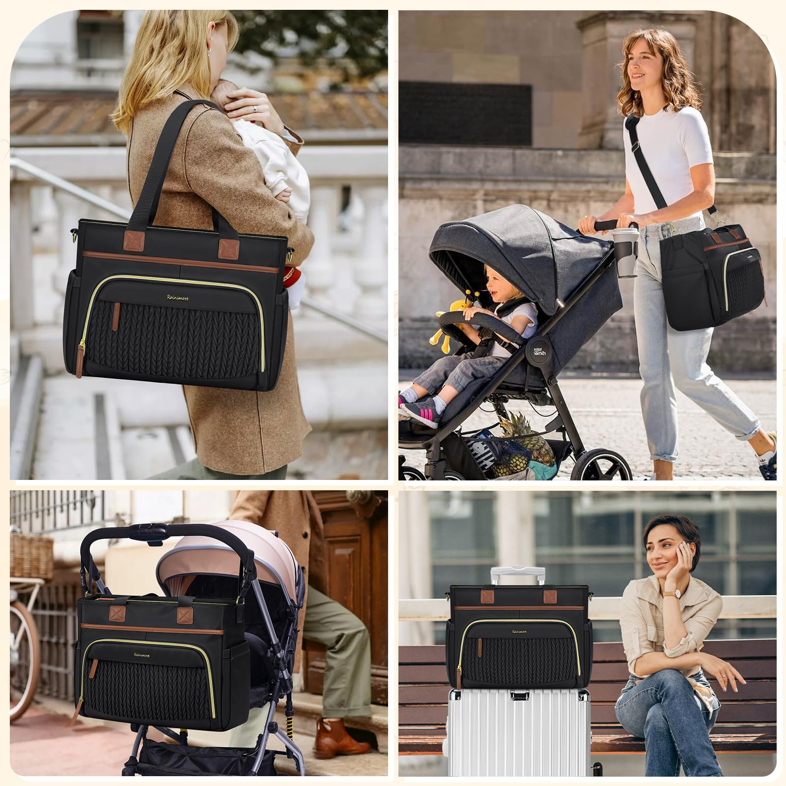 RAINSMORE durable quilted design with straps and luggage sleeve for travel.