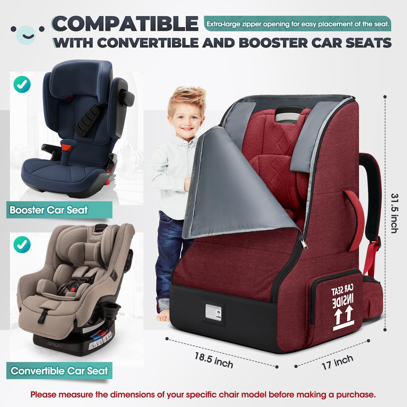 RAINSMORE padded car seat travel bag with backpack straps in red for easy carrying