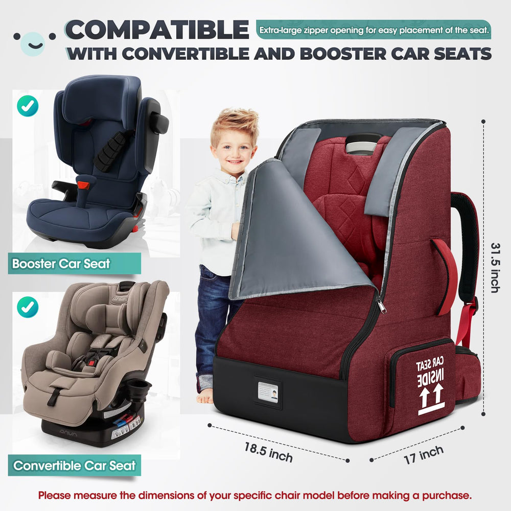 RAINSMORE padded car seat travel bag with backpack straps in red for easy carrying